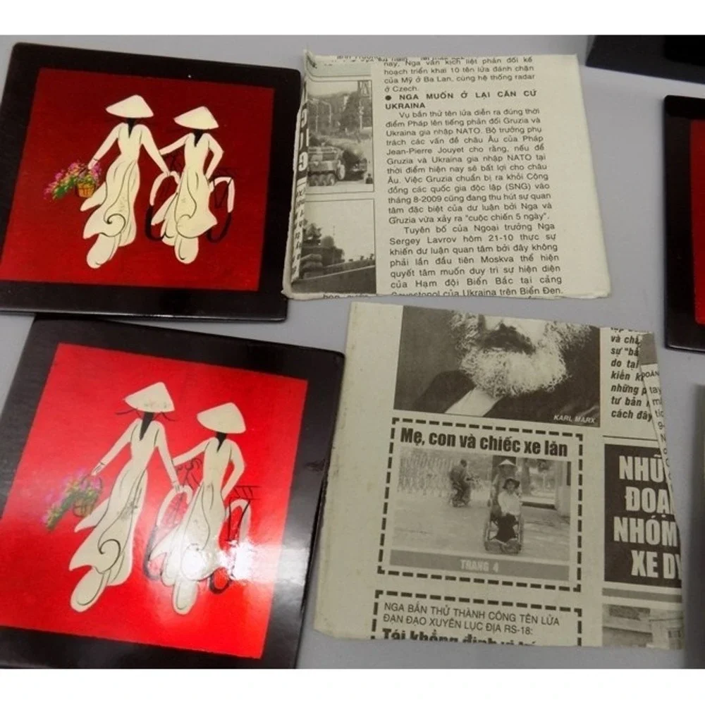 6 Vtg Vietnamese Lacquer Coasters w/ Box Hand-Painted Áo Dài Art HOI AN Unused